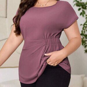 NWOT Plus Size Women's Solid Color Batwing Sleeve Shirred Waist Blouse